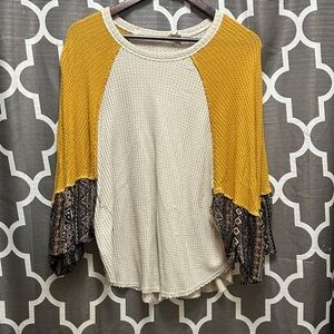 Mustard and Cream Knit Top with Patterned Sleeves